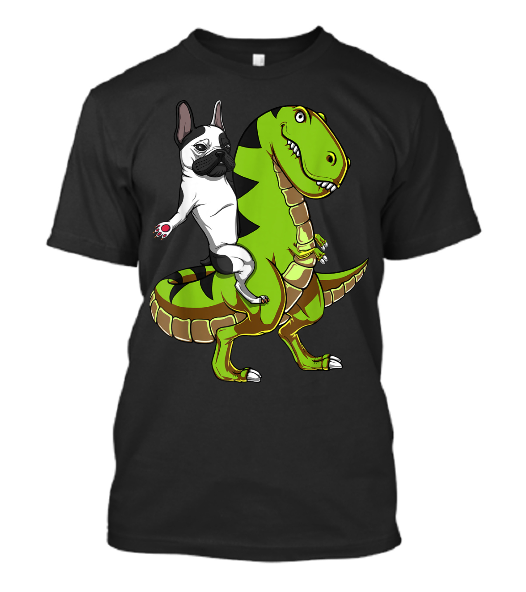 French Bulldog Riding Green T-Rex Dinosaur With Playful Expression T-Shirt