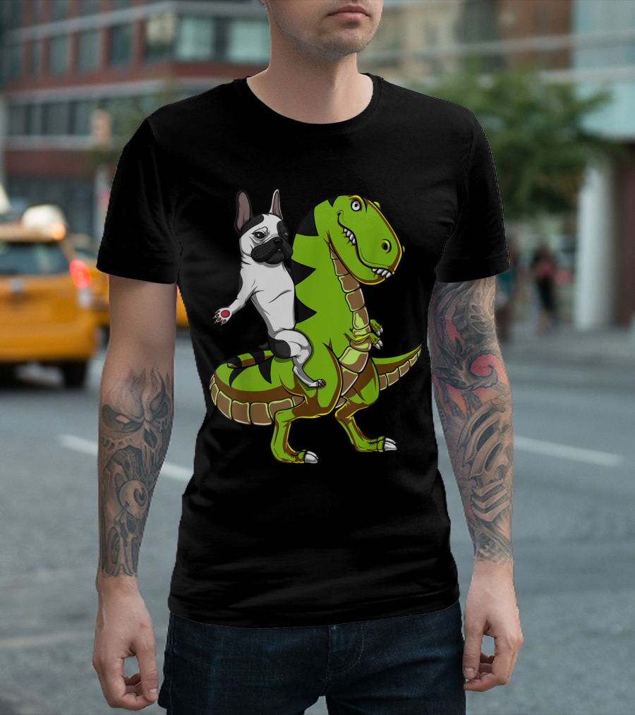 French Bulldog Riding Green T-Rex Dinosaur With Playful Expression T-Shirt