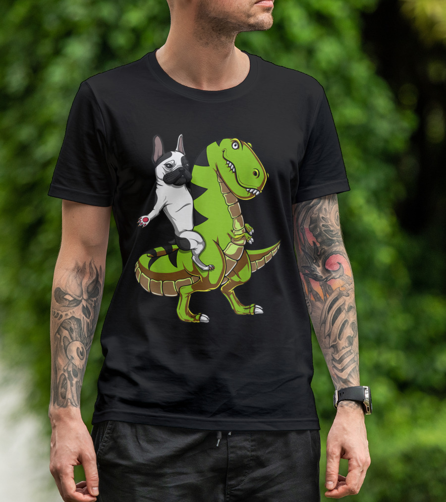 French Bulldog Riding Green T-Rex Dinosaur With Playful Expression T-Shirt