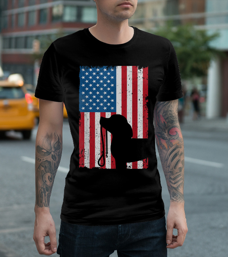 Beagle Silhouette With Leash And American Flag Patriotic T-Shirt