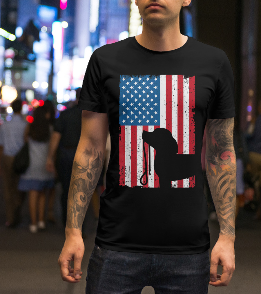 Beagle Silhouette With Leash And American Flag Patriotic T-Shirt