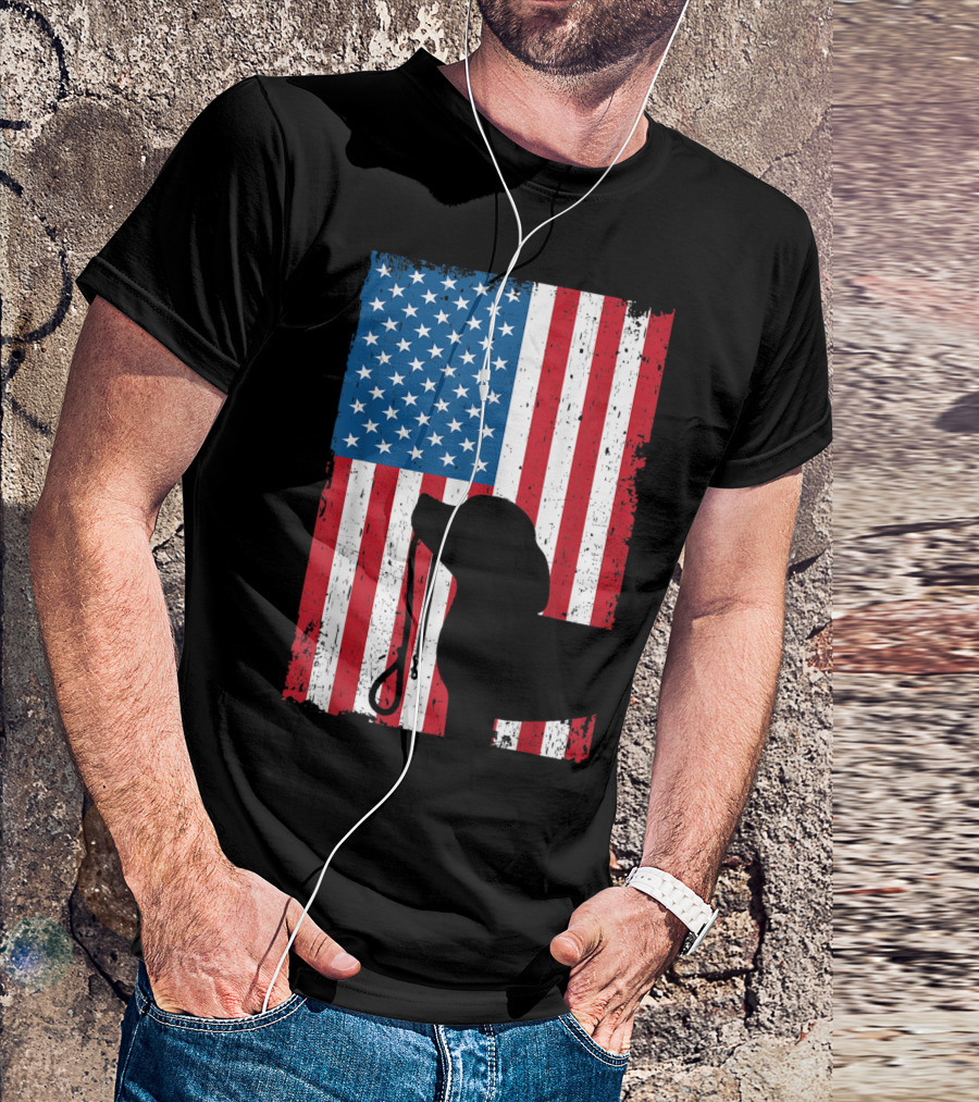 Beagle Silhouette With Leash And American Flag Patriotic T-Shirt