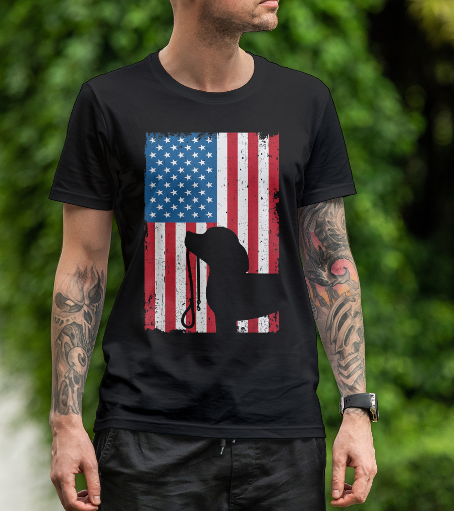 Beagle Silhouette With Leash And American Flag Patriotic T-Shirt