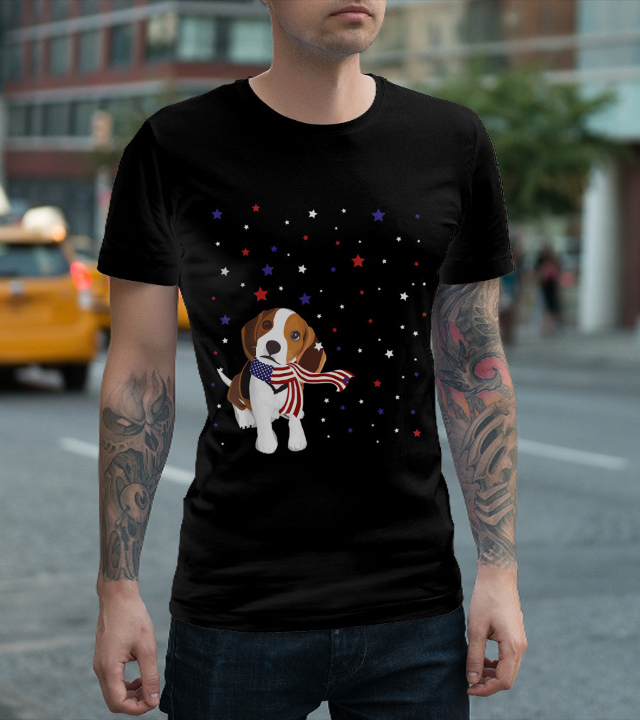 Beagle with American Flag Scarf and Patriotic Stars T-Shirt
