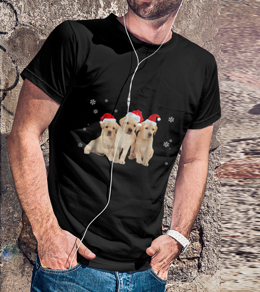 Yellow Labrador Puppies In Santa Hats With Snowflakes T-Shirt
