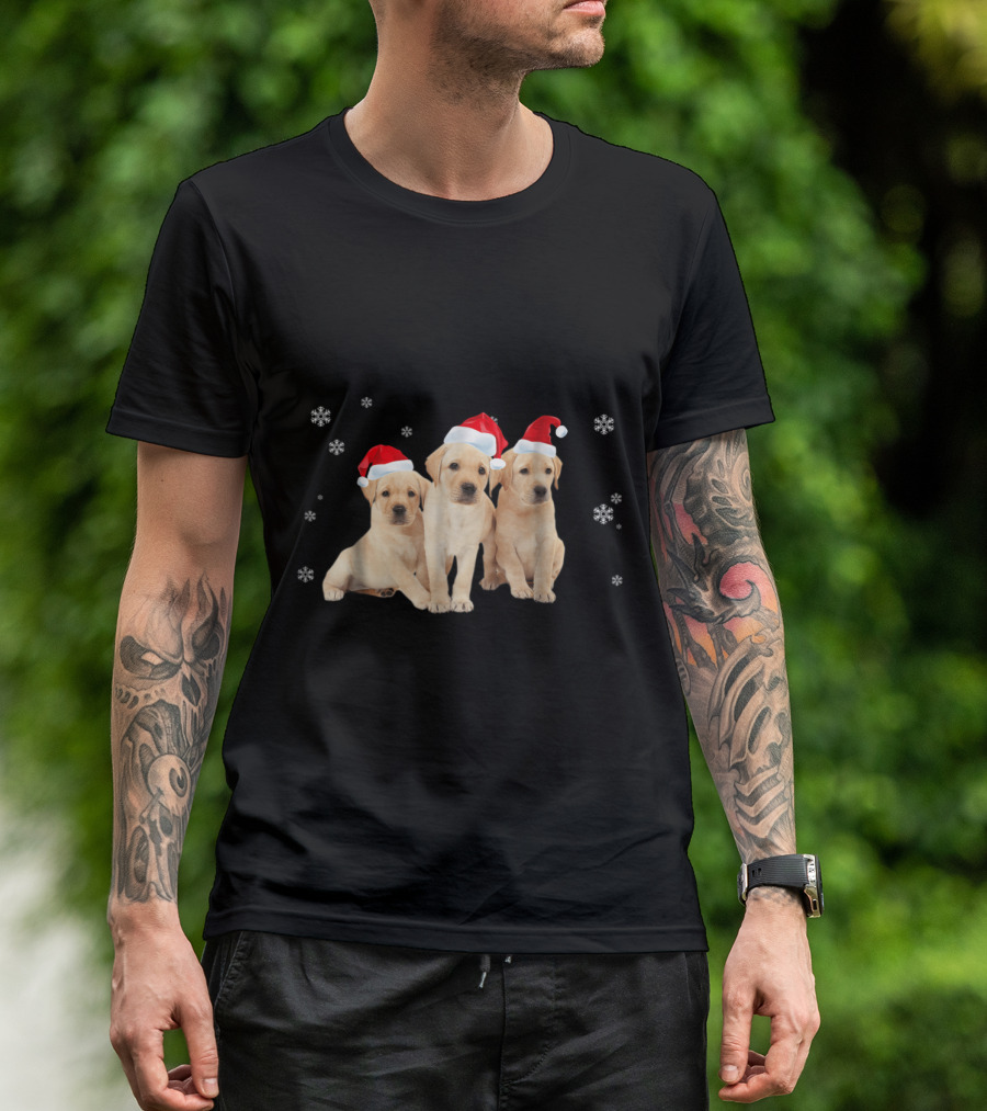 Yellow Labrador Puppies In Santa Hats With Snowflakes T-Shirt