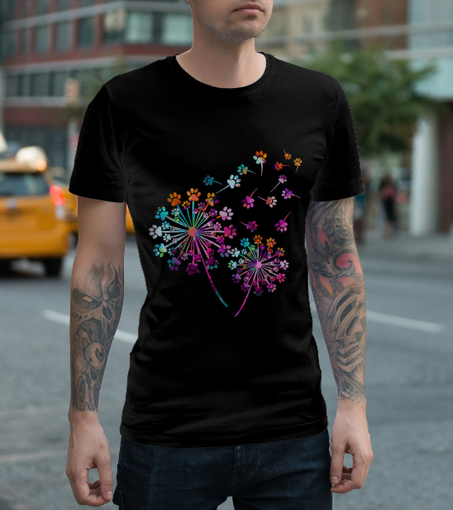 Colorful Dandelion Dog Paw Pattern with Vibrant Floral T-Shirt