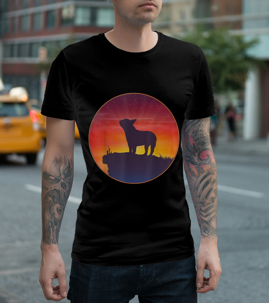 French Bulldog Kids Silhouette Against Sunset Sky with Stars T-Shirt
