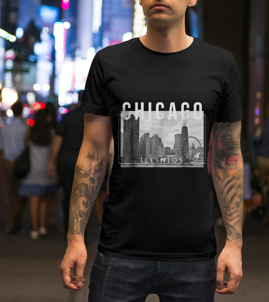 Chicago Illinois Skyline Navy Ferris Wheel Landscape T-Shirt