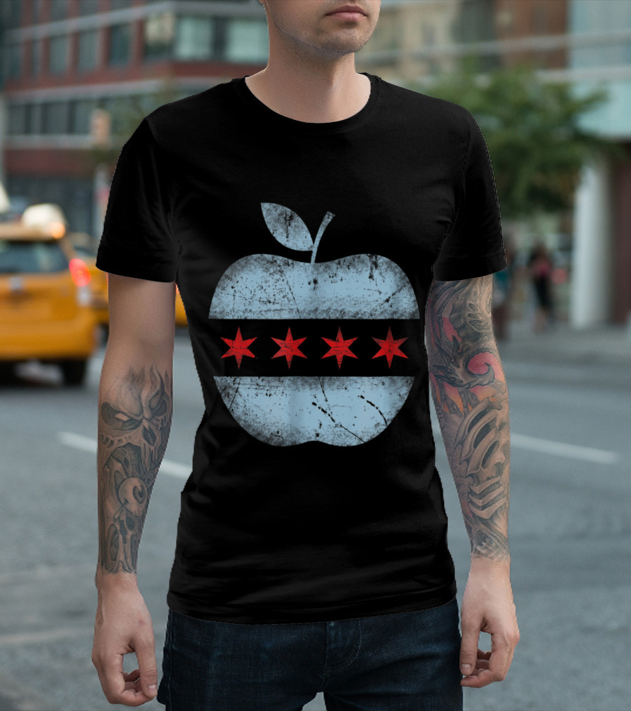Chicago Apple with Distressed Chicago Flag Stars T-Shirt
