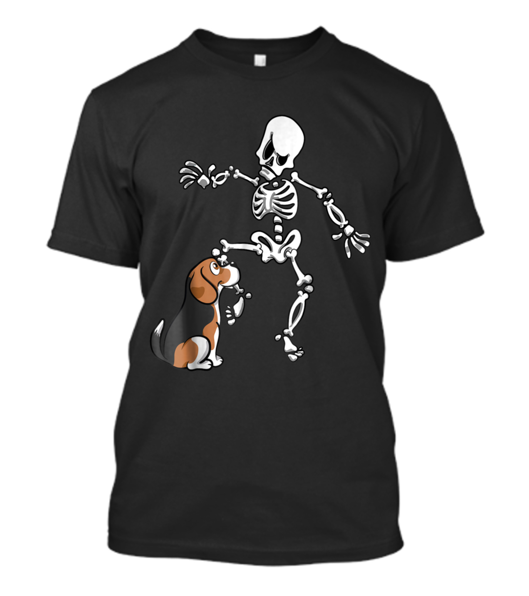 Beagle Playfully Biting Skeleton's Leg In Humorous Halloween Scene T-Shirt