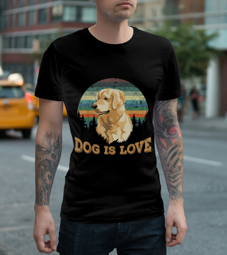 Dog is Love Golden Retriever Vintage Retro Striped Forest Circle T-Shirt