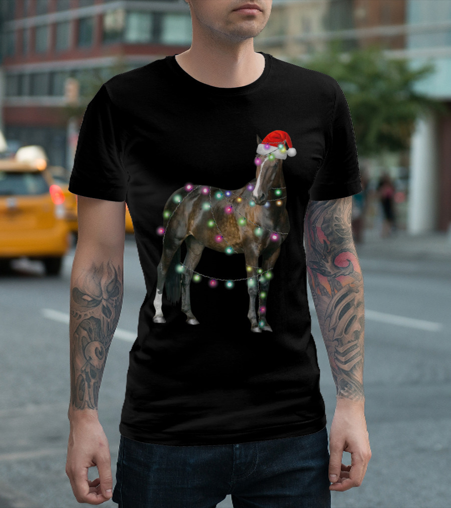 Horse Wrapped in LED Christmas Lights with Santa Hat T-Shirt