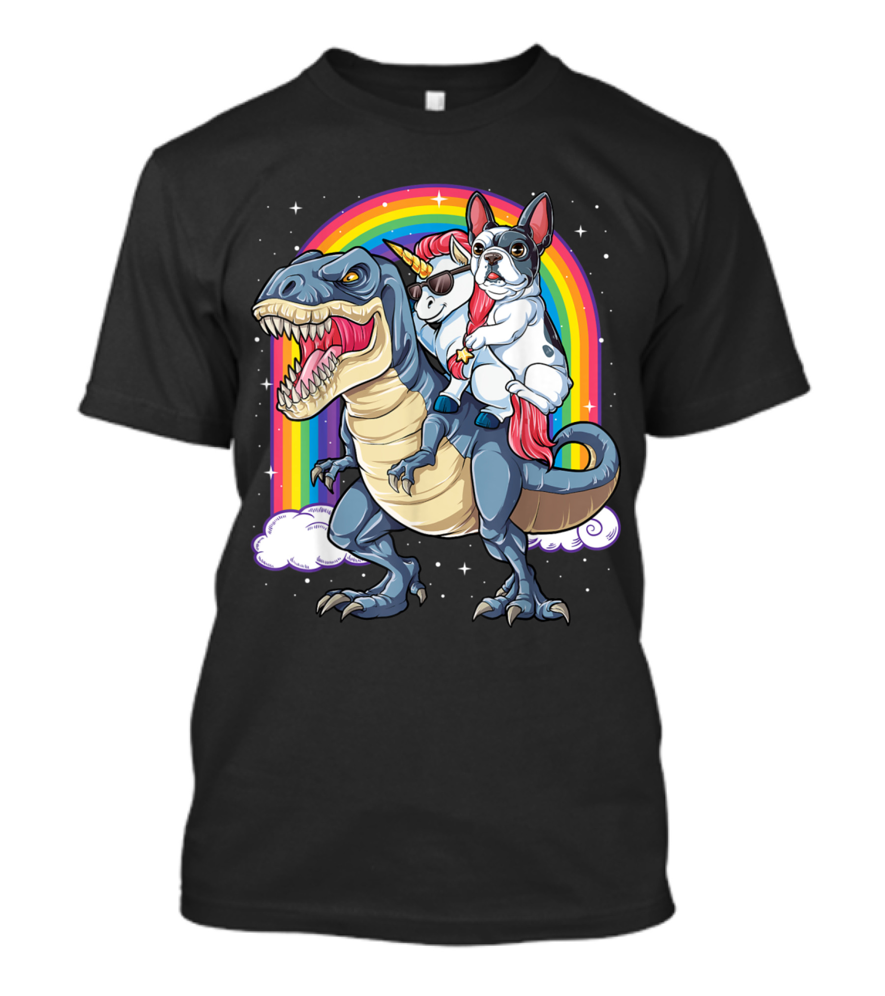 French Bulldog And Unicorn Riding Dinosaur T-Shirt