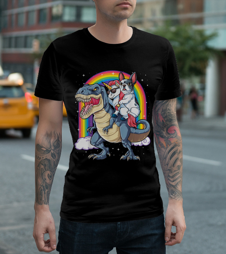 French Bulldog And Unicorn Riding Dinosaur T-Shirt