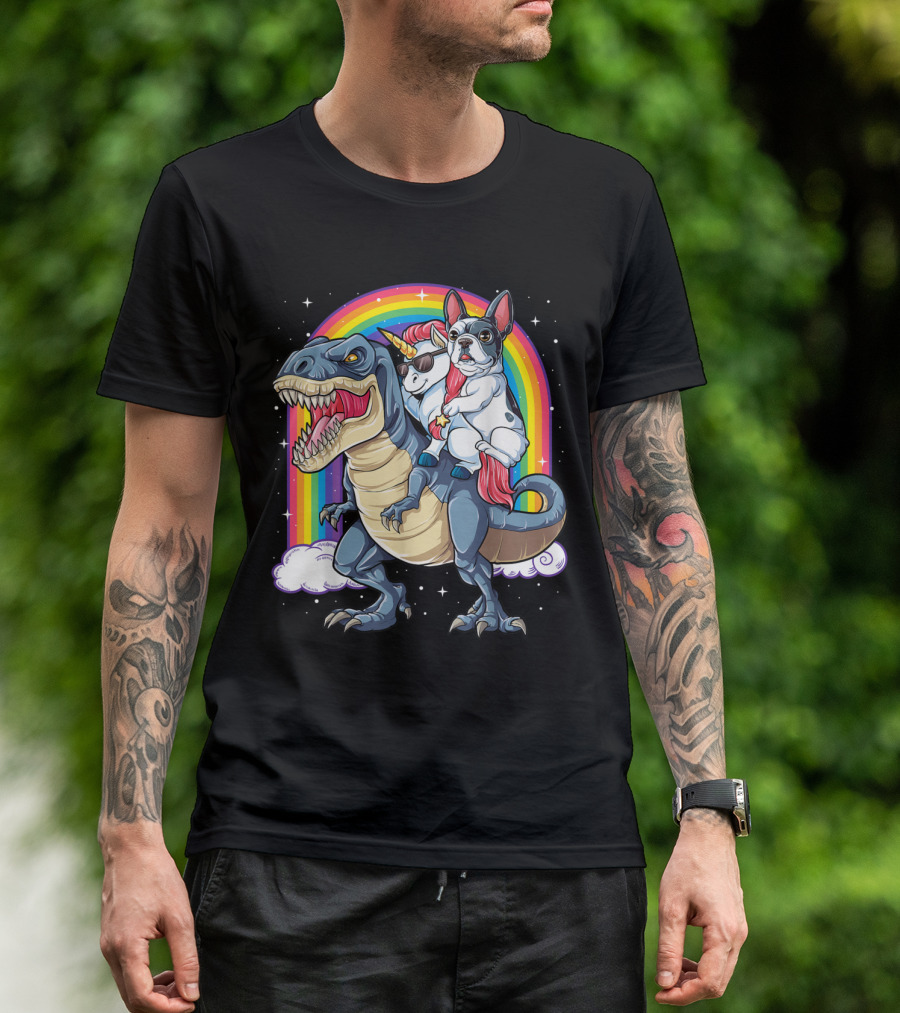 French Bulldog And Unicorn Riding Dinosaur T-Shirt