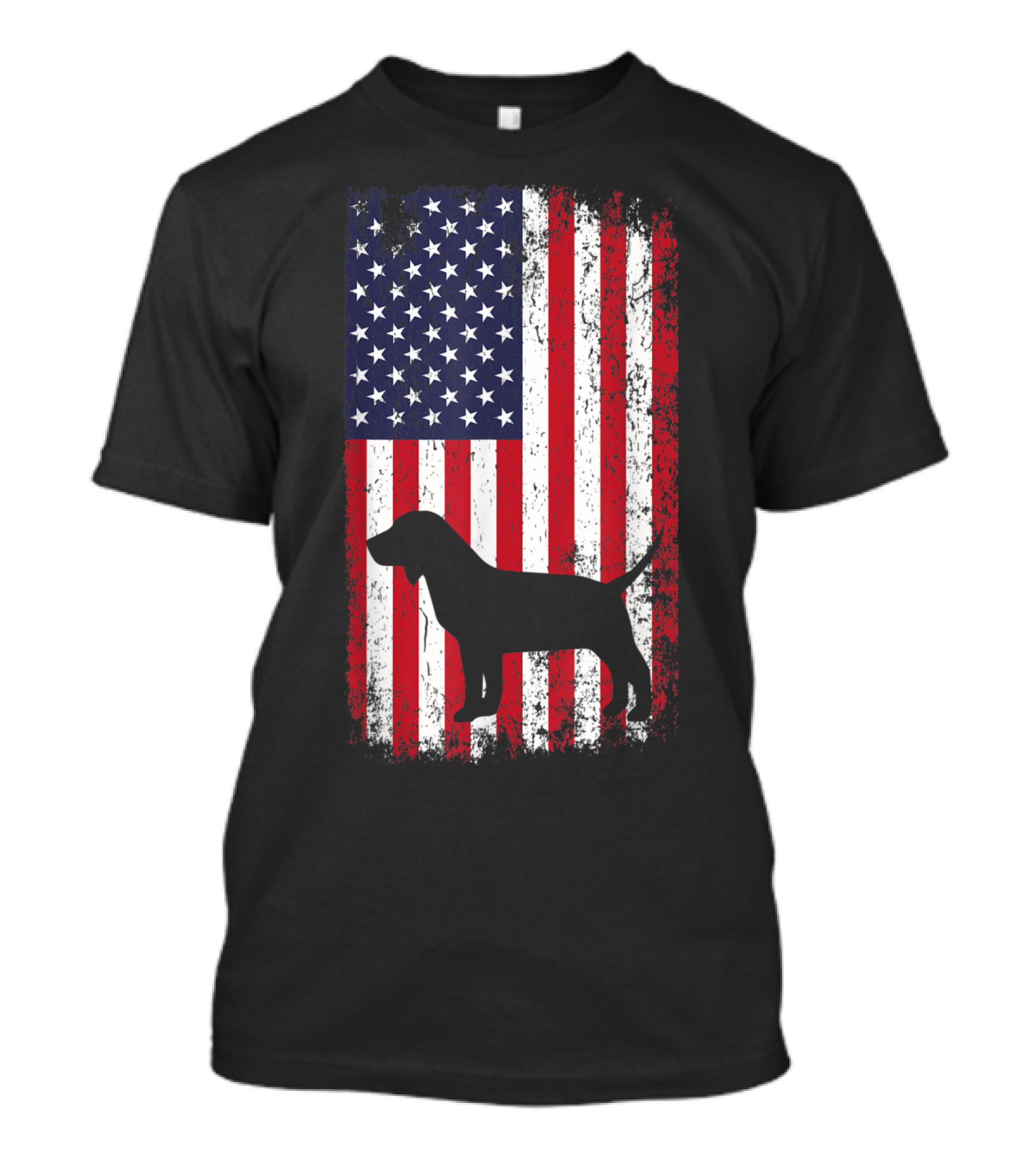 Beagle Silhouette Overlaid On Distressed American Flag Background T-Shirt