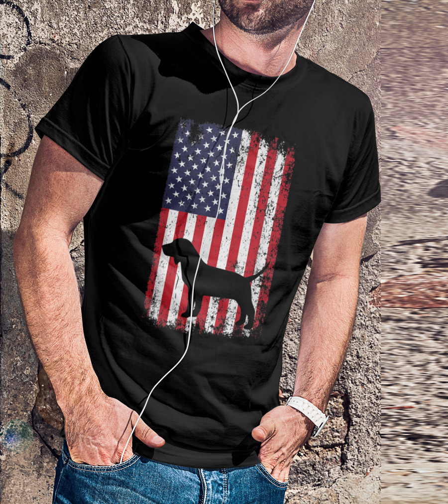 Beagle Silhouette Overlaid On Distressed American Flag Background T-Shirt