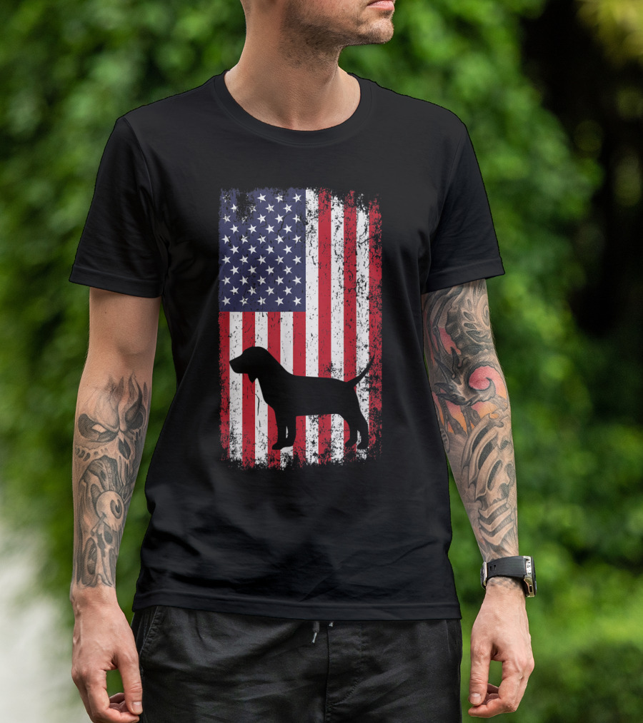 Beagle Silhouette Overlaid On Distressed American Flag Background T-Shirt