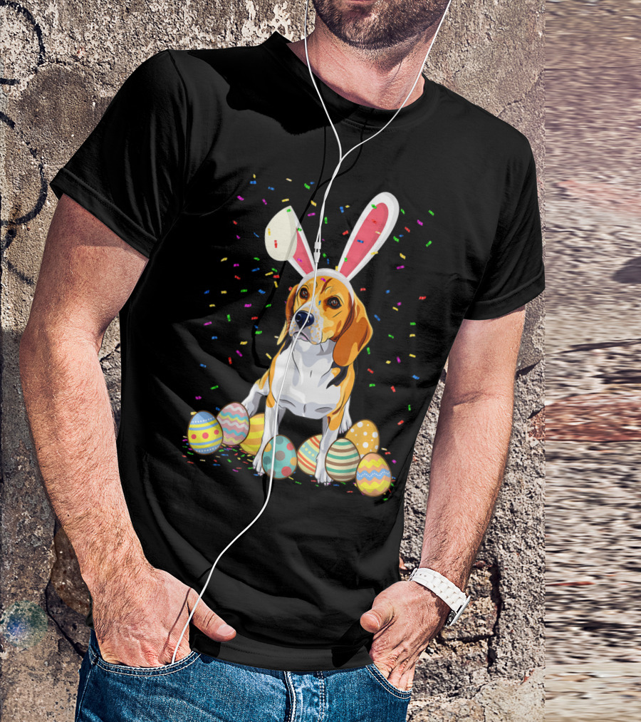Happy Easter Beagle With Bunny Ears And Colorful Easter Eggs T-Shirt