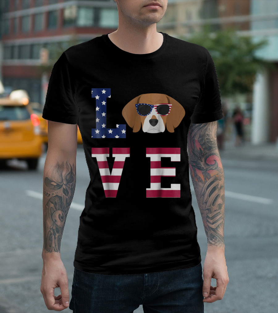 Beagle Dog Love American Flag Sunglasses 4th of July T-Shirt
