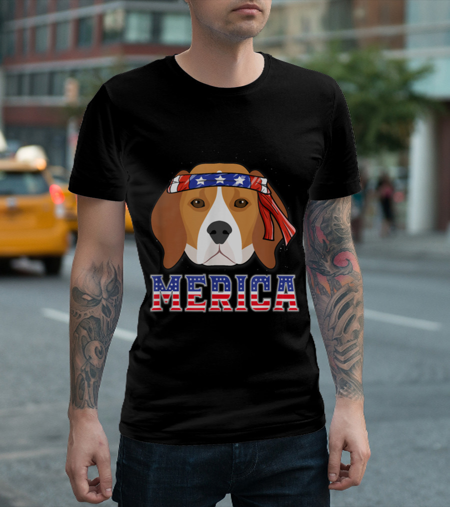 Beagle Dog Merica Headband Stars and Stripes 4th of July T-Shirt