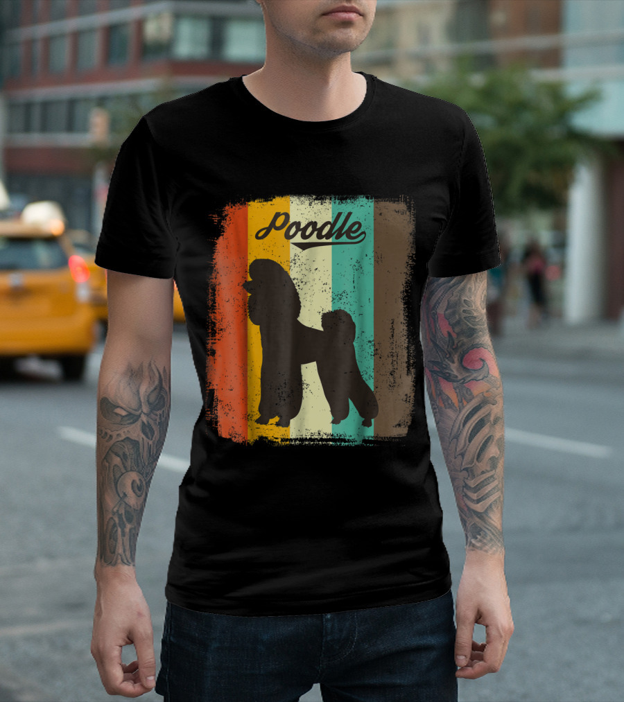 Poodle Silhouette On Retro Vintage Color Stripes T-Shirt
