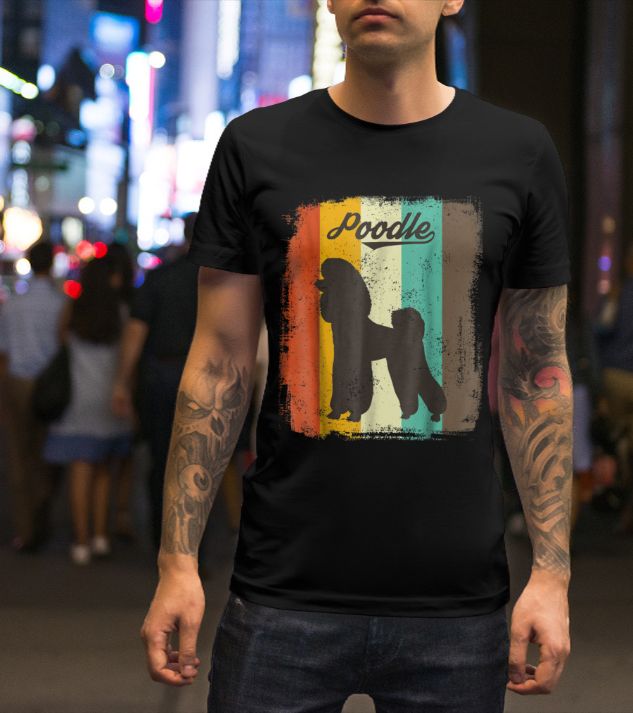 Poodle Silhouette On Retro Vintage Color Stripes T-Shirt