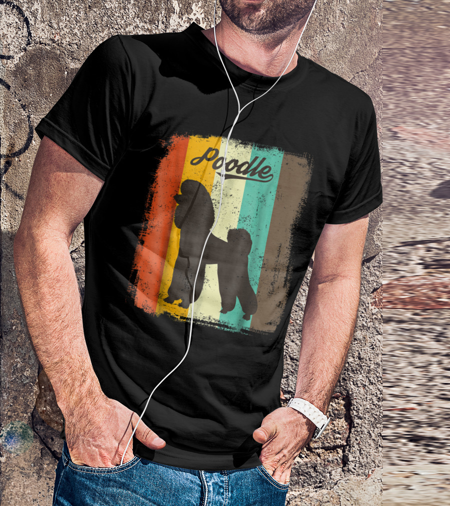 Poodle Silhouette On Retro Vintage Color Stripes T-Shirt