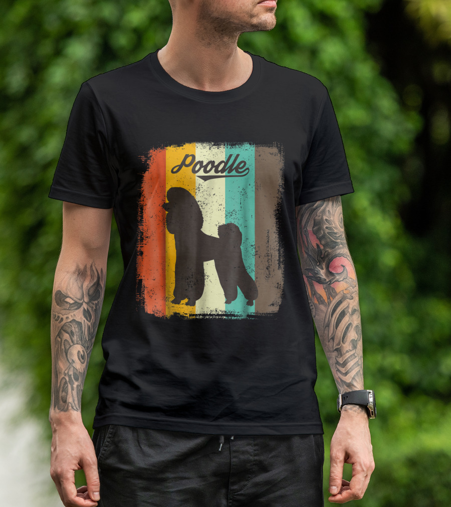 Poodle Silhouette On Retro Vintage Color Stripes T-Shirt