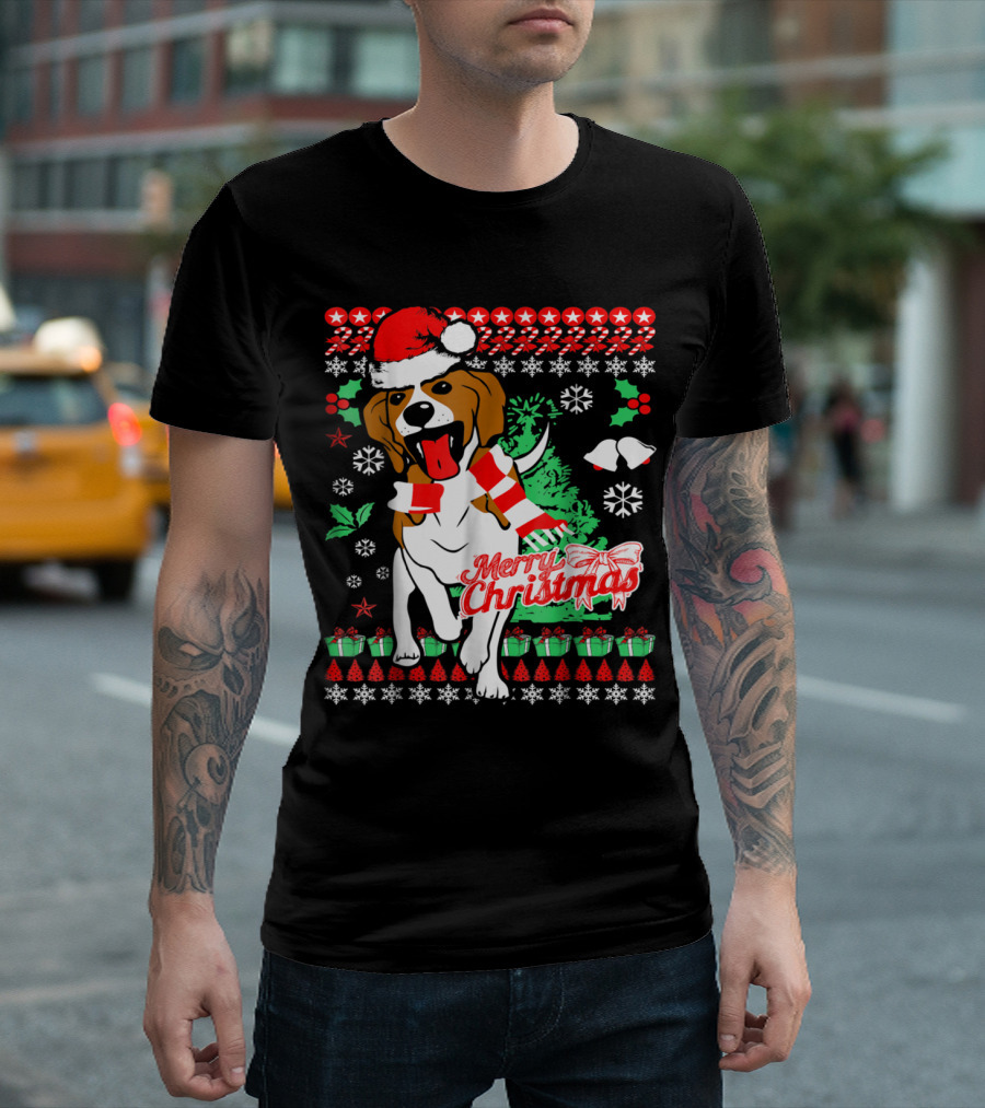 Merry Christmas Beagle Dog Santa Hat Snowflakes Holly Festive Cheer T-Shirt