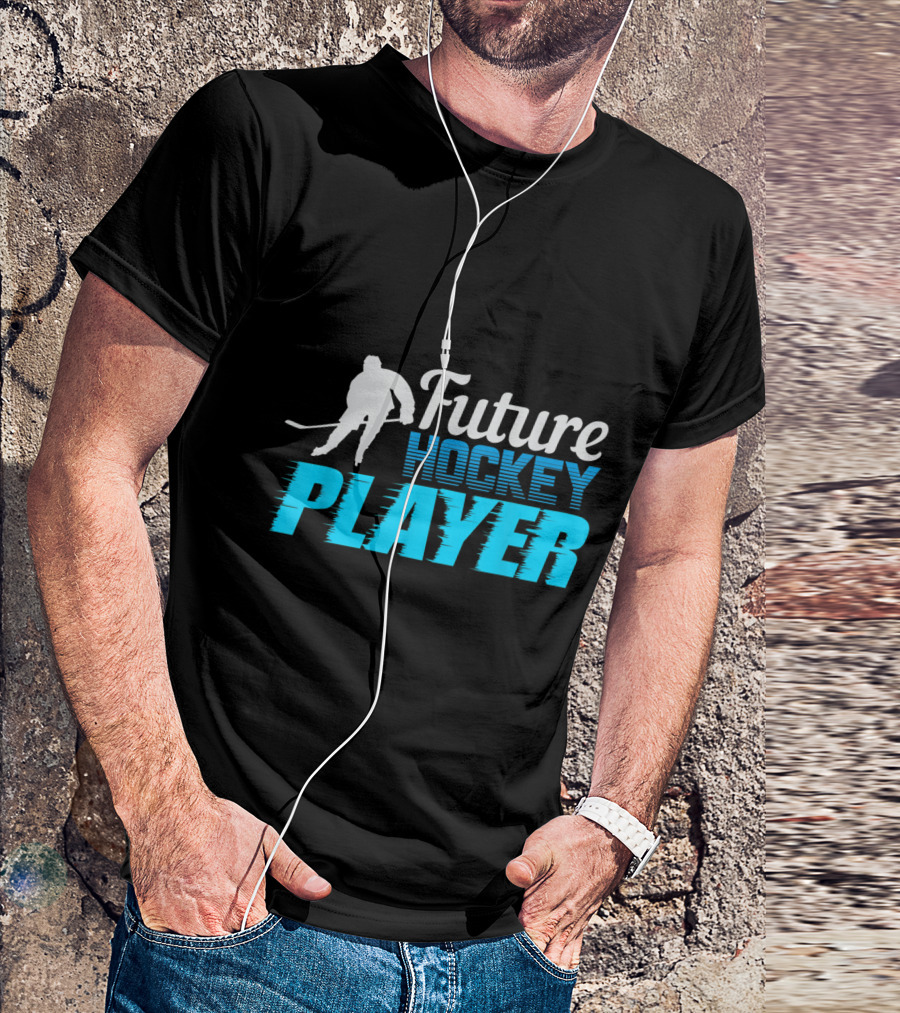 Future Hockey Player Ice Skating Silhouette With Dynamic Blue Gradient Text T-Shirt