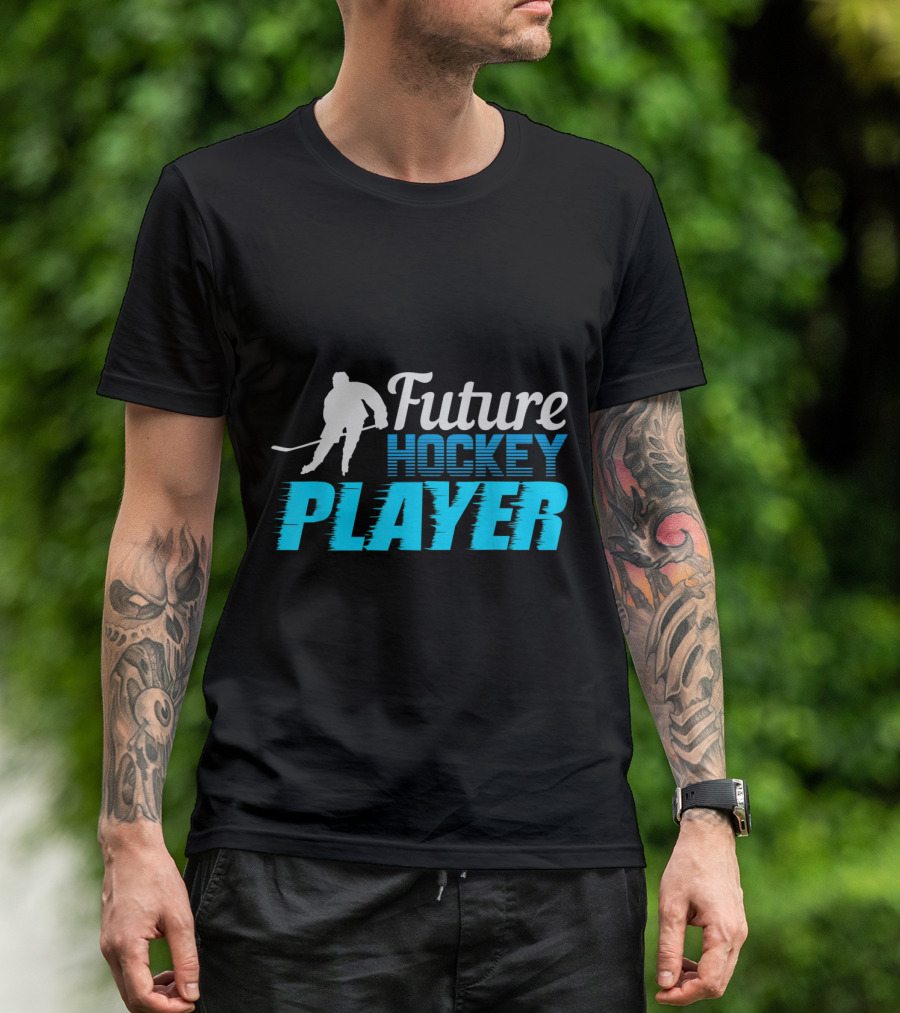 Future Hockey Player Ice Skating Silhouette With Dynamic Blue Gradient Text T-Shirt