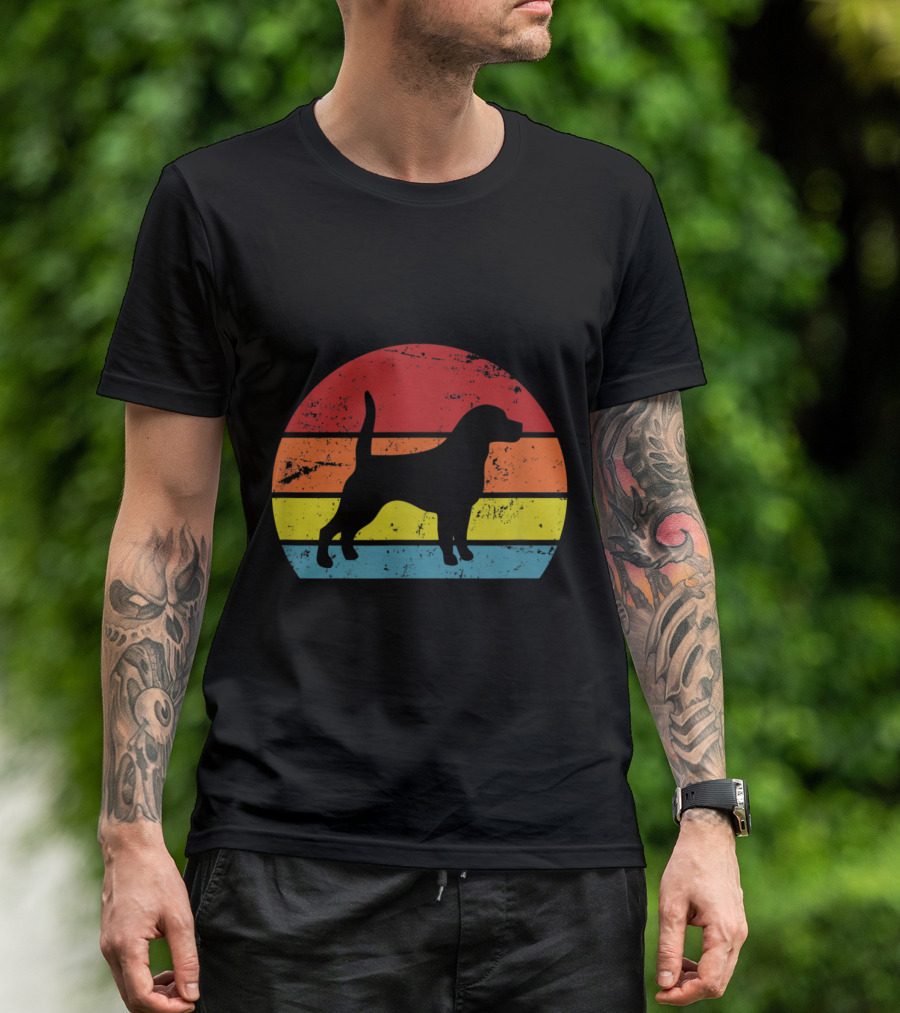 Beagle Dog Silhouette Retro Striped Sunrise Dad T-Shirt