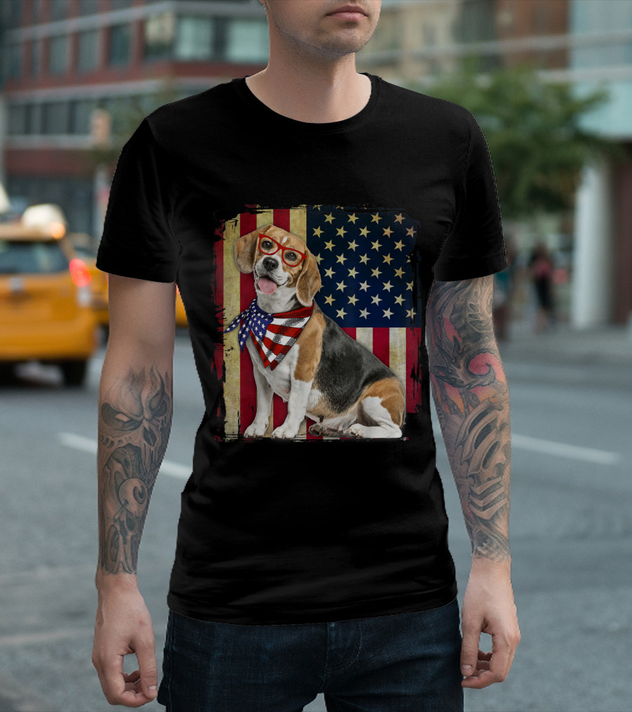Beagle with American Flag Glasses and Bandana on Patriotic Stars and Stripes Background 4th of July T-Shirt