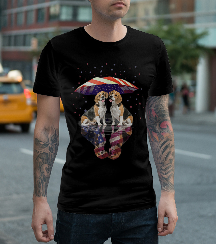 Patriotic Beagles Under American Flag Umbrella with Star Reflection T-Shirt