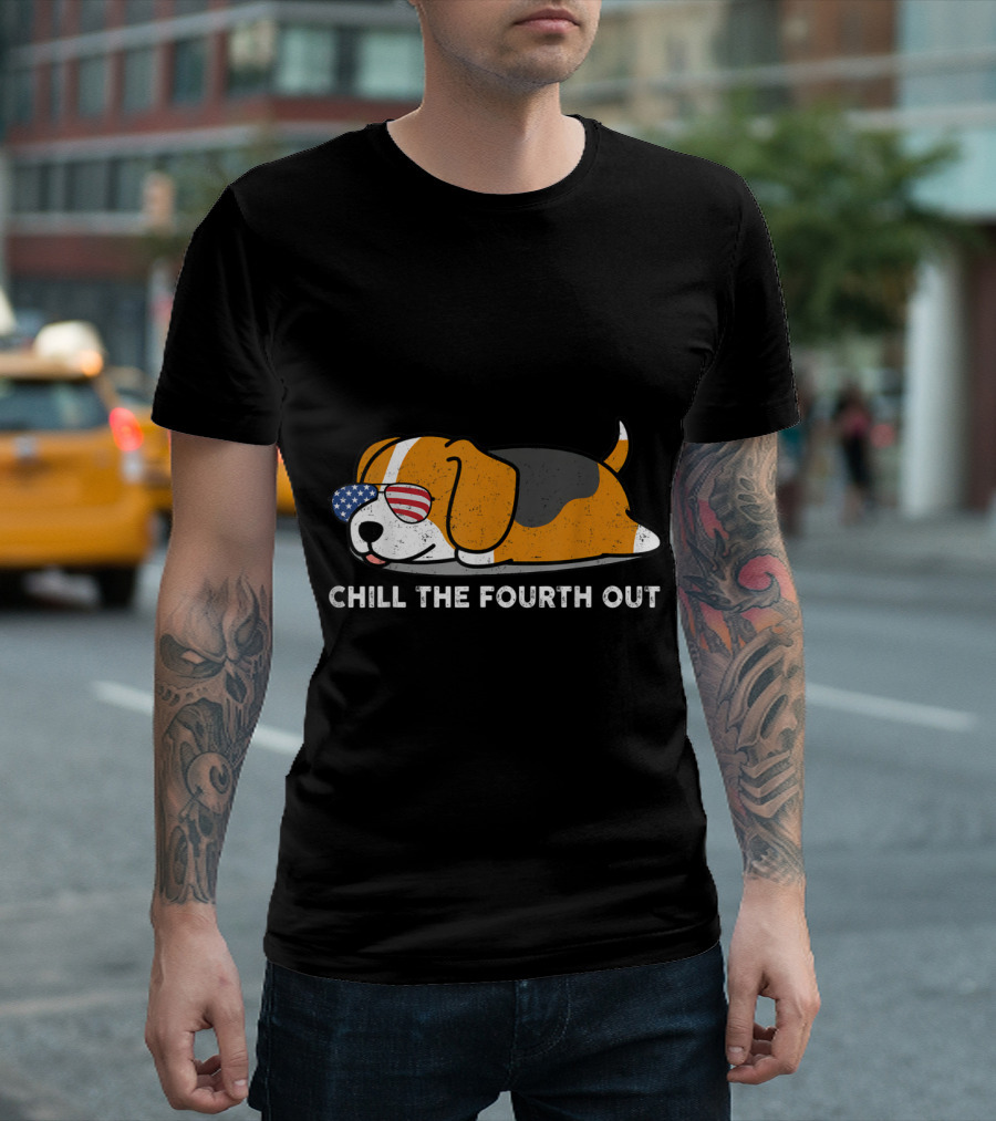 Chill The Fourth Out Beagle with American Flag Sunglasses T-Shirt