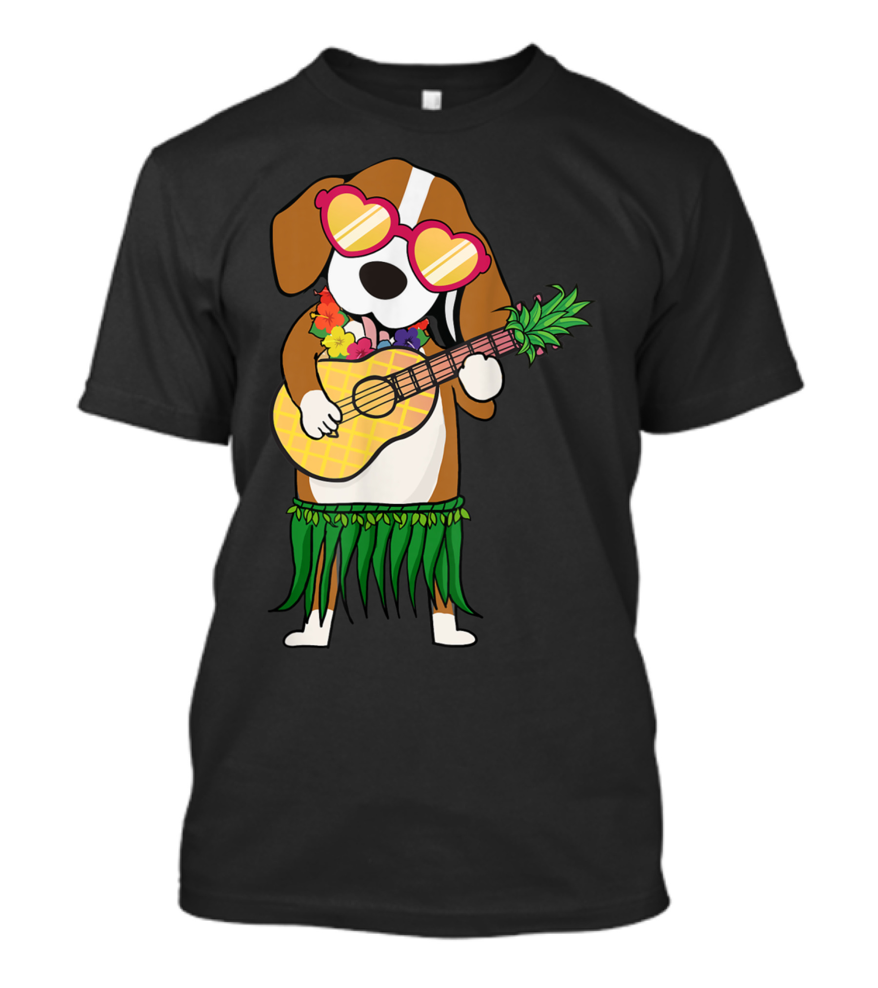 Beagle In Hawaiian Costume Playing Ukulele With Heart Glasses And Hula Skirt T-Shirt