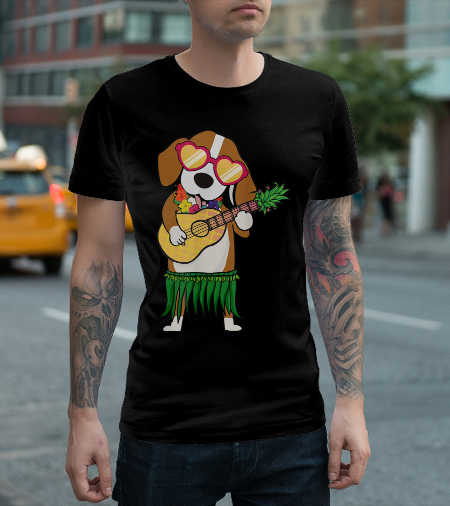 Beagle In Hawaiian Costume Playing Ukulele With Heart Glasses And Hula Skirt T-Shirt