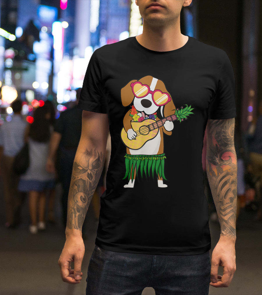 Beagle In Hawaiian Costume Playing Ukulele With Heart Glasses And Hula Skirt T-Shirt