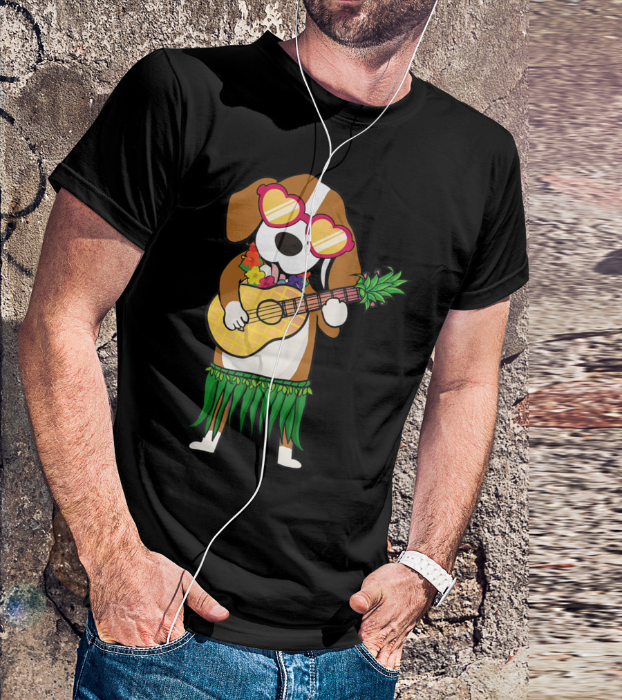 Beagle In Hawaiian Costume Playing Ukulele With Heart Glasses And Hula Skirt T-Shirt