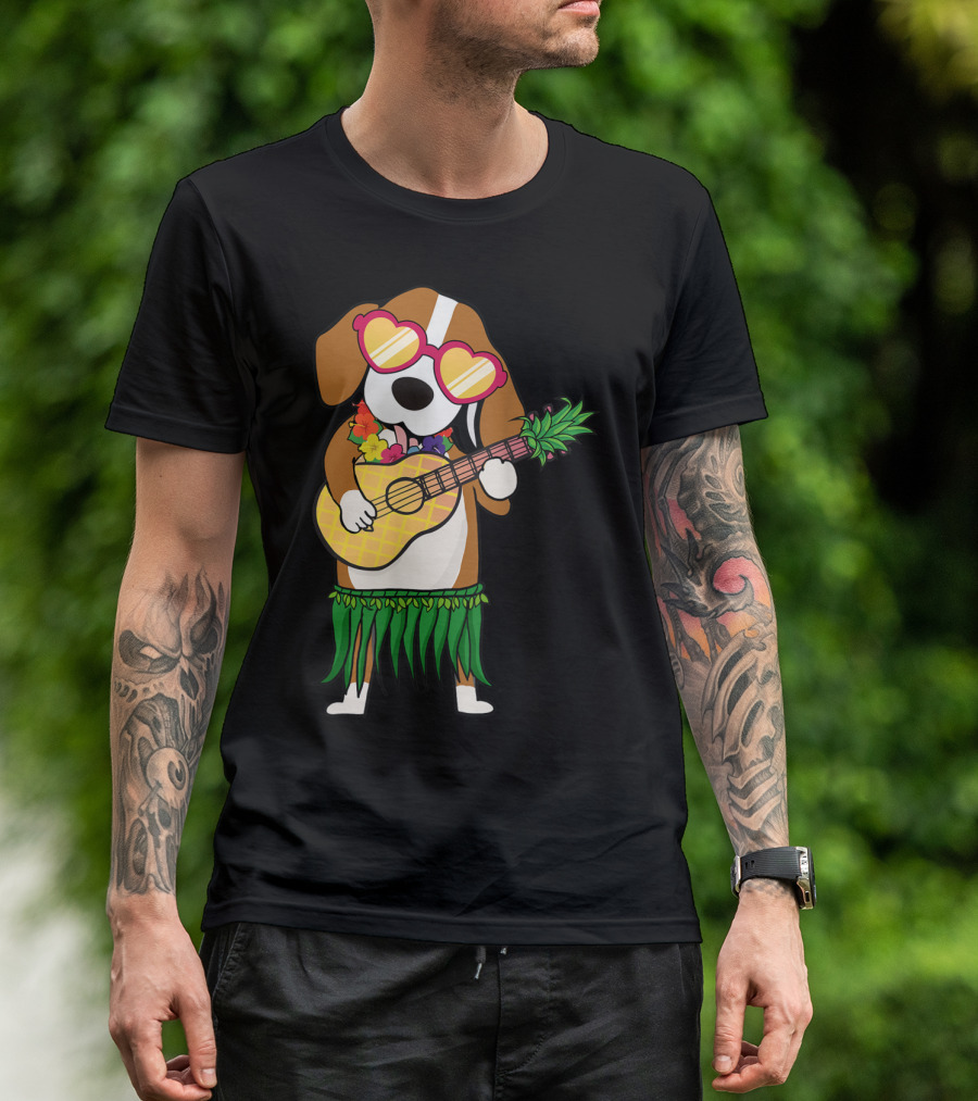 Beagle In Hawaiian Costume Playing Ukulele With Heart Glasses And Hula Skirt T-Shirt