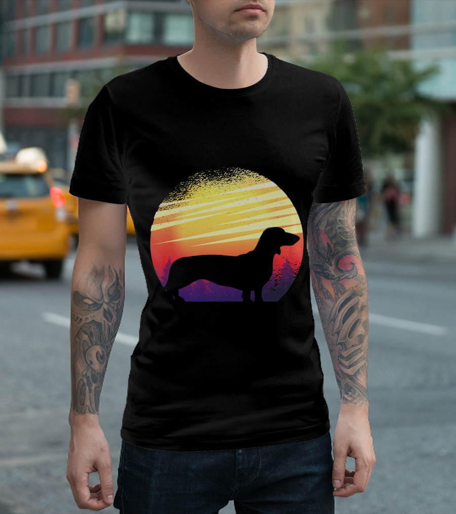 Dachshund Silhouette Against Vibrant Sunset for Dog Breeder Pet Enthusiasts T-Shirt