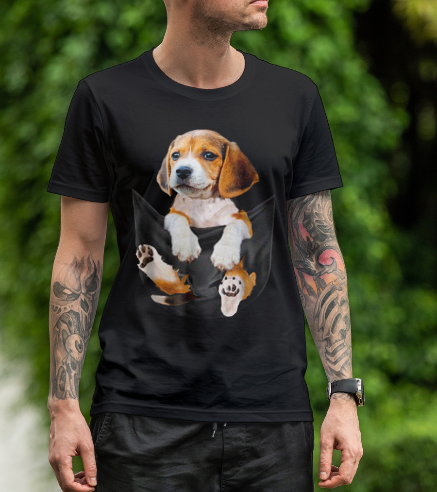 Beagle Puppy In Black Big Pocket With Paws Visible T-Shirt