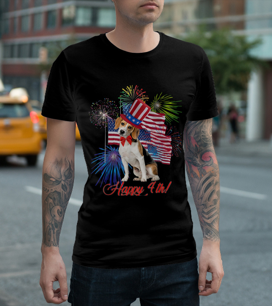 Beagle Happy 4th with Patriotic Fireworks and American Flags T-Shirt