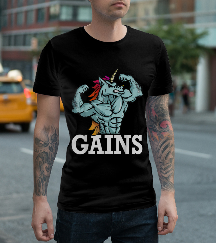 Gains Muscle-Bound Weightlifting Unicorn T-Shirt