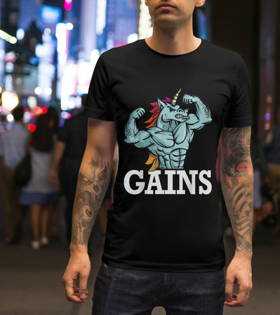 Gains Muscle-Bound Weightlifting Unicorn T-Shirt