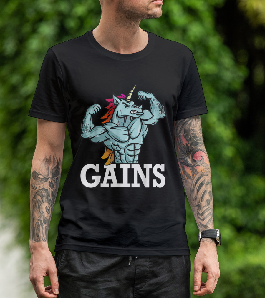Gains Muscle-Bound Weightlifting Unicorn T-Shirt