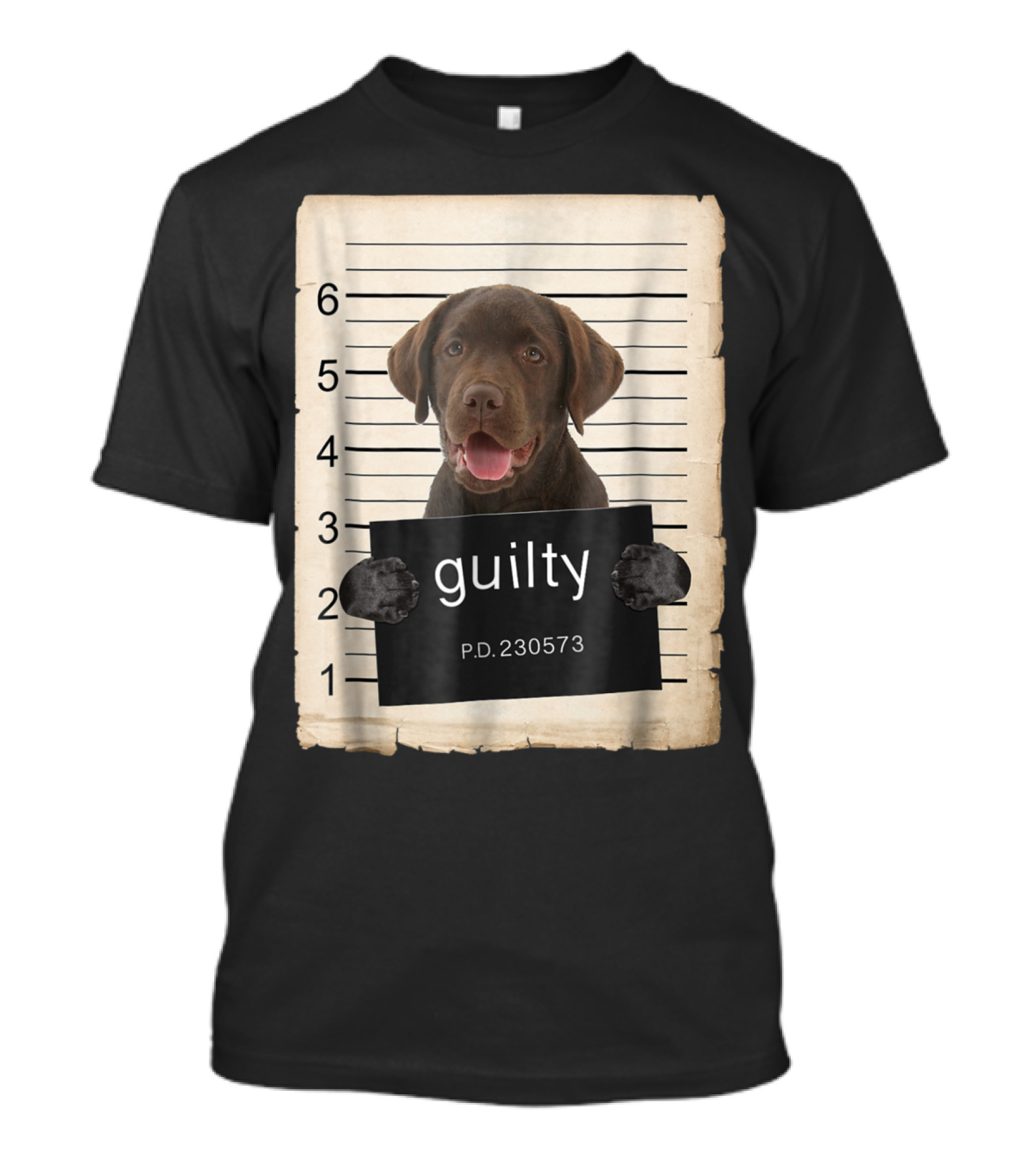 Chocolate Lab Labrador Dog Mugshot Guilty P.D. 230573 T-Shirt