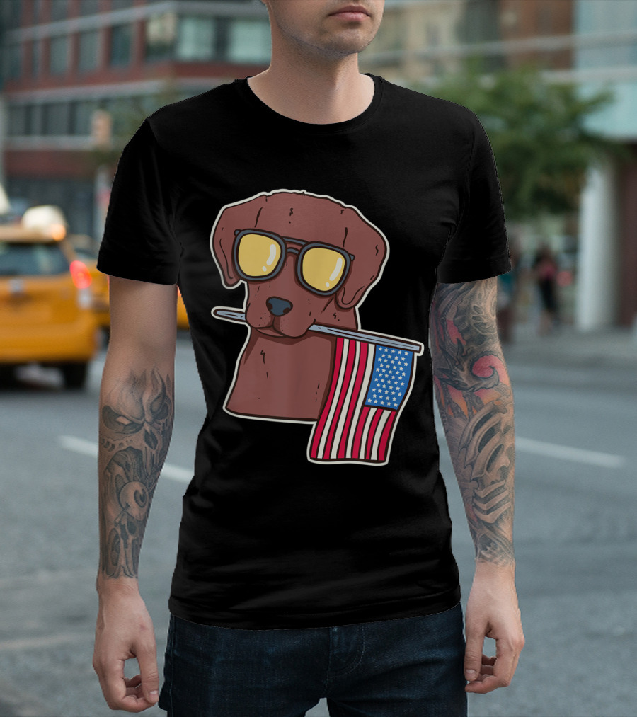Chocolate Lab Holding American Flag with Sunglasses for 4th of July T-Shirt